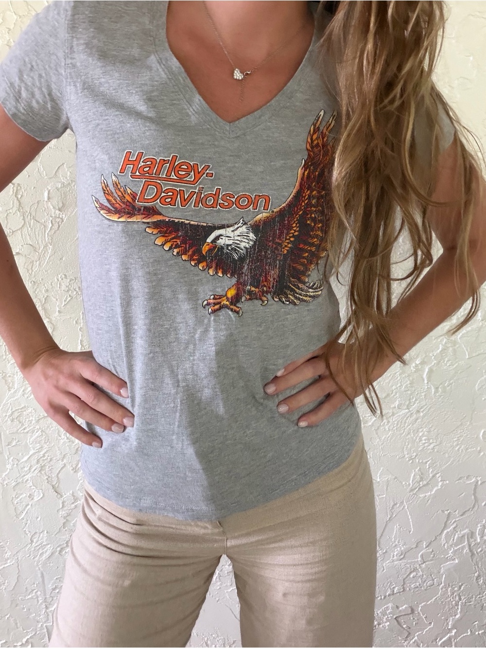Harley-Davidson Gray V-Neck Tee with Orange Eagle Graphic